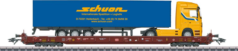 Type Saadkms 690 Rolling Road Flatcar w/Semi Load - 3-Rail Ready to Run -- German Railroad DB AG 81 80 498 3 172-5 (Era V, Boxcar Red)