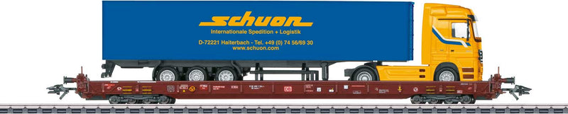 Type Saadkms 690 Rolling Road Flatcar w/Semi Load - 3-Rail Ready to Run -- German Railroad DB AG 81 80 498 3 186-5 (Era V, Boxcar Red)
