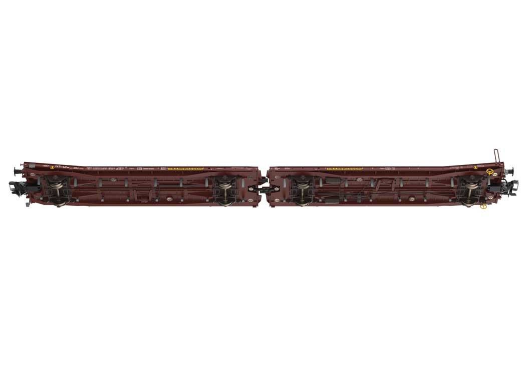 Type Laads 800B Paired Flatcar Set w/4 VW Crafter Load - 3-Rail - Ready to Run -- Transwaggon (Era VI 2005, Boxcar Red)-4