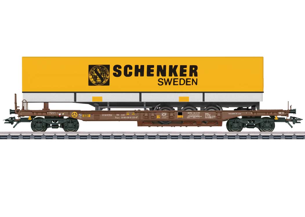 Type Sdgms Deep-Well Flatcar with Semi Trailer Load - 3-Rail - Ready to Run -- AAE Cargo (Era V 2000, Boxcar Red, yellow Trailer)