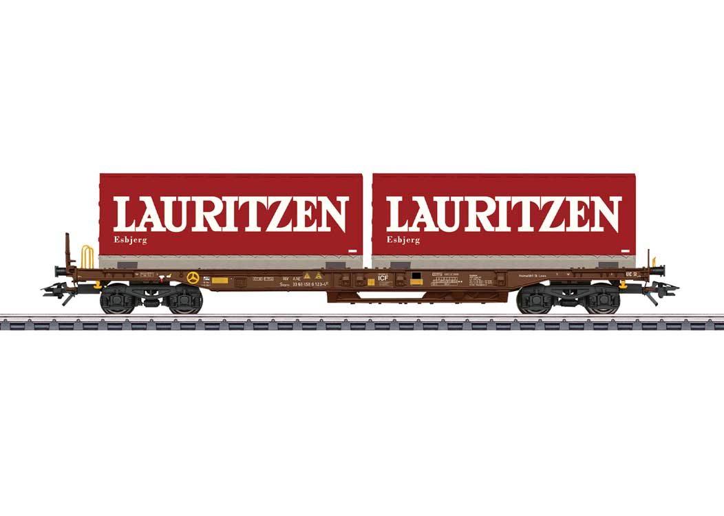 Type Sdgms Deep-Well Flatcar with 2 Containers - 3-Rail - Ready to Run -- AAE Cargo (Era V 2000, Boxcar Red, Lauritzen Containers)