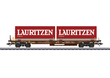 Type Sdgms Deep-Well Flatcar with 2 Containers - 3-Rail - Ready to Run -- AAE Cargo (Era V 2000, Boxcar Red, Lauritzen Containers)