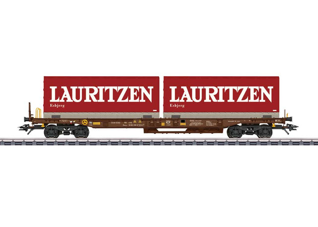 Type Sdgms Deep-Well Flatcar with 2 Containers - 3-Rail - Ready to Run -- AAE Cargo (Era V 2000, Boxcar Red, Lauritzen Containers)