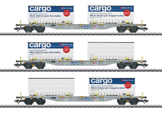 Type Sgnss Container Flatcar w/Load 3-Pack - 3-Rail - Ready to Run -- Swiss Federal Railways SBB-CFF-FFS (Era VI 2015 SBB Cargo, gray, blue)-1