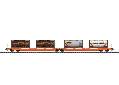 Type Sdggmrss Double Deep Well Car w/Tank Containers - 3-Rail - Ready to Run -- Wascosa (Era VI 2019, red w/Bertschi Loads)-2