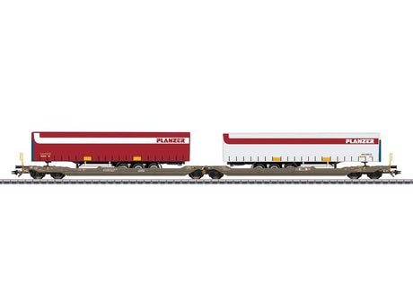 Type Sdggmrss Double Deep Well Car w/Curtain Trailers - 3-Rail - Ready to Run -- Hupac AG (Era VI 2019, gray w/red Planzer Canvas Trailers)
