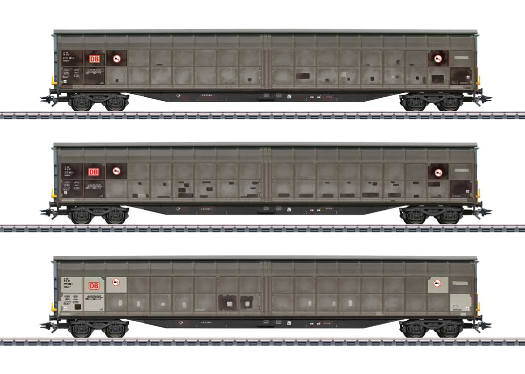 Type Habbins 354 Sliding Wall Boxcar 3-Pack - 3-Rail - Ready to Run -- German Railroad DB AG (Era VI, DB Cargo, weathered, gray, black)