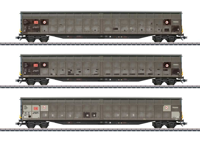 Type Habbins 354 Sliding Wall Boxcar 3-Pack - 3-Rail - Ready to Run -- German Railroad DB AG (Era VI, DB Cargo, weathered, gray, black)