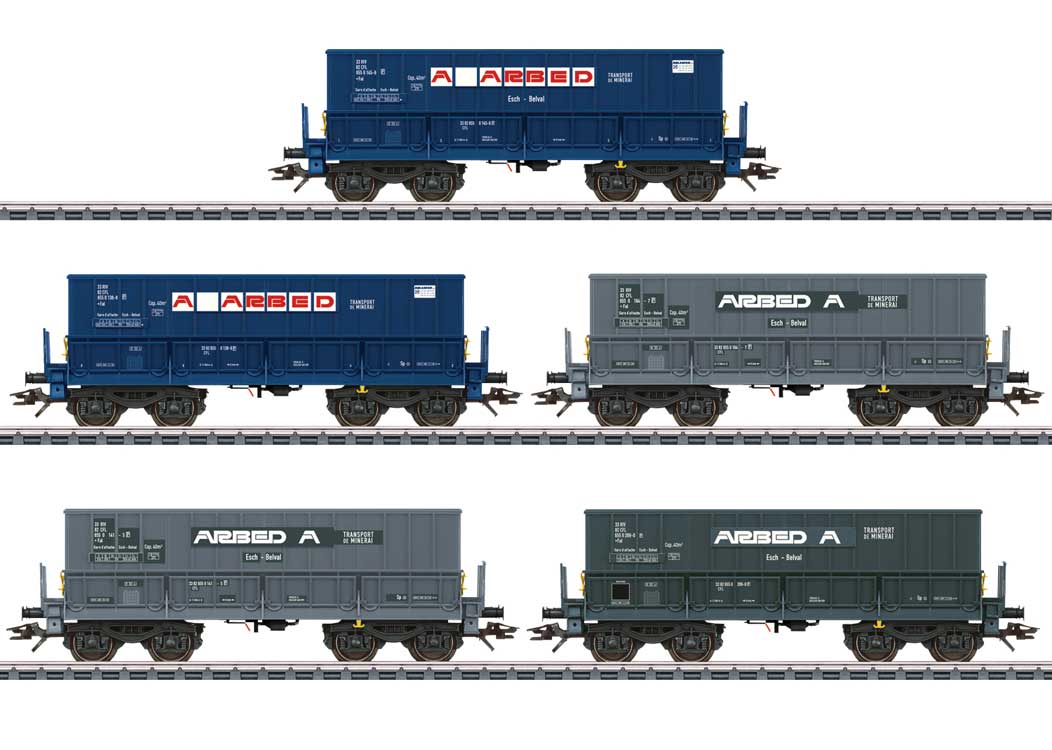 Type Fal Ore Car 5-Pack - 3-Rail - Ready to Run -- Acieries Reunies de Burbach-Eich-Dudelange (ARBED) (Era V 1992, Mixed)