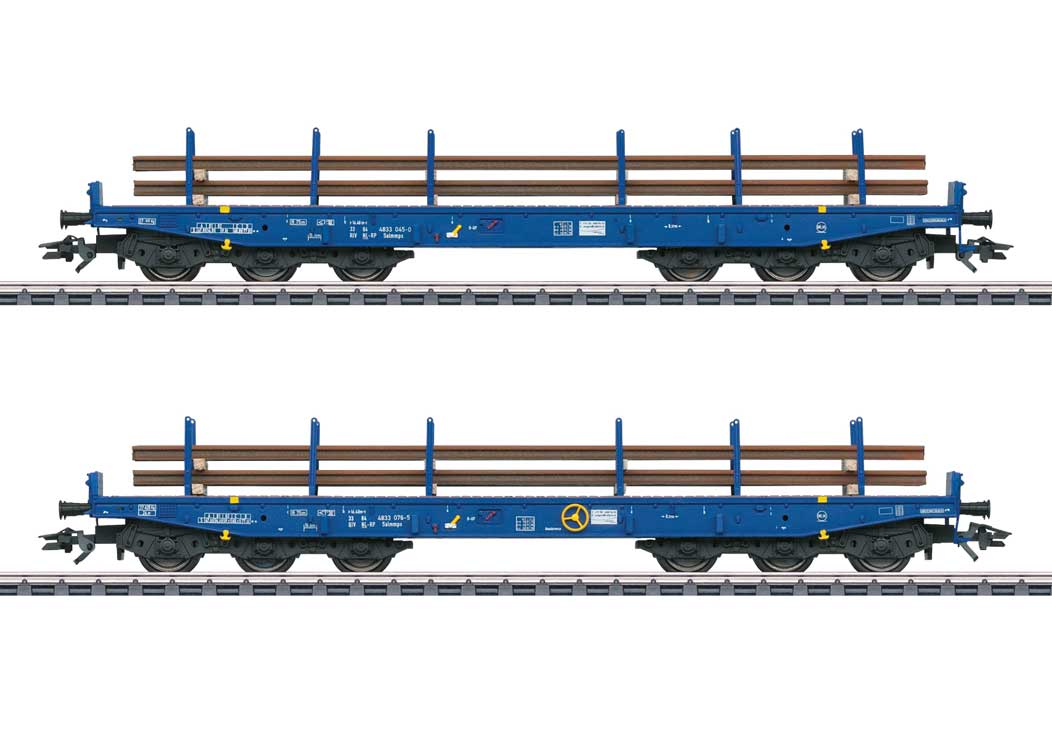 Type Salmmps Heavy-Duty Flatcar w/Rail Load 2-Pack - 3-Rail - Ready to Run -- Voestalpine Track Solutions Netherlands (Era VI, blue)