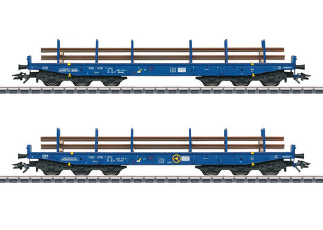 Type Salmmps Heavy-Duty Flatcar w/Rail Load 2-Pack - 3-Rail - Ready to Run -- Voestalpine Track Solutions Netherlands (Era VI, blue)