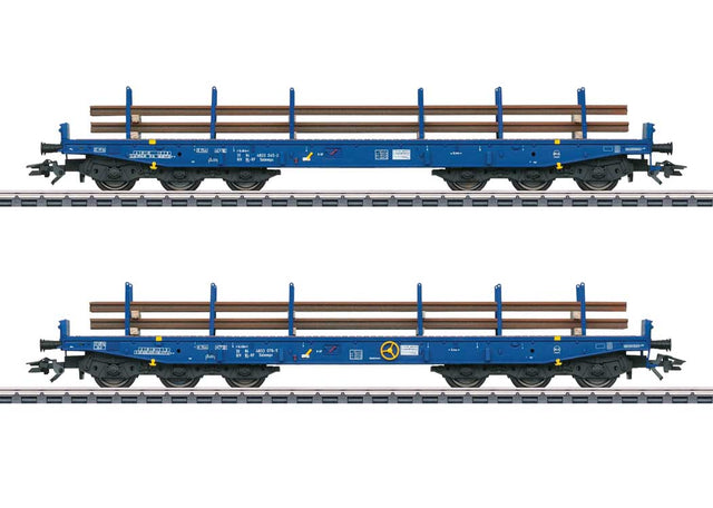 Type Salmmps Heavy-Duty Flatcar w/Rail Load 2-Pack - 3-Rail - Ready to Run -- Voestalpine Track Solutions Netherlands (Era VI, blue)