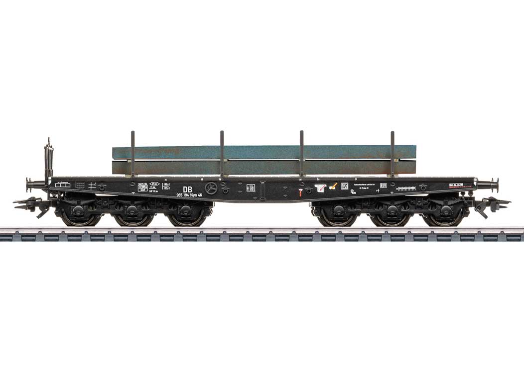Type SSym 46 Heavy-Duty Flatcar w/Steel Billet Load - 3-Rail Ready to Run -- German Federal Railroad DB (Era III 1950s, black)