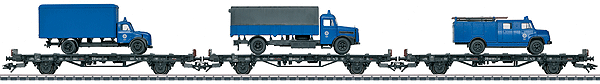 2010 Type Sm 24 Flatcar Set w/Loads - 3-Rail - Ready to Run - Marklin Exclusiv -- German Federal Railroad DB (black w/blue THW Trucks)