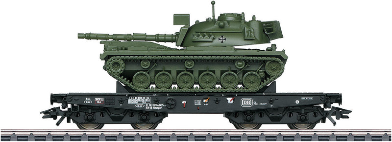 Type Rlmmps 650 Heavy-Duty Flatcar with M-48 Tank - 3-Rail - Ready to Run -- German Federal Railroad DB 2 (Era IV, black, German Army Tank)
