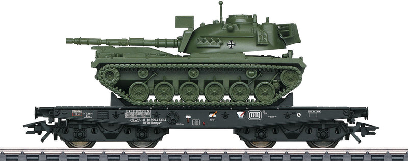 Type Rlmmps 650 Heavy-Duty Flatcar with M-48 Tank - 3-Rail - Ready to Run -- German Federal Railroad DB 3 (Era IV, black, German Army Tank)