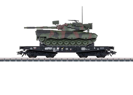 Type Rlmmps 650 Heavy-Duty Flatcar w/Leopard Tank Load - 3-Rail - Ready to Run -- German Federal Railroad DB (Era IV, black)
