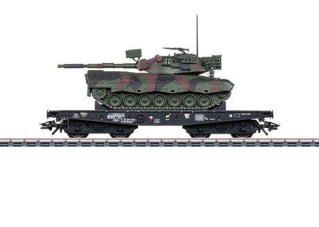 Type Rlmmps 650 Heavy-Duty Flatcar w/Leopard Tank Load - 3-Rail - Ready to Run -- German Federal Railroad DB (Era IV, black)