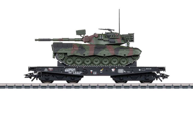 Type Rlmmps 650 Heavy-Duty Flatcar w/Leopard Tank Load - 3-Rail - Ready to Run -- German Federal Railroad DB (Era IV, black)