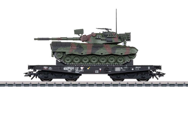 Type Rlmmps 650 Heavy-Duty Flatcar w/Leopard Tank Load - 3-Rail - Ready to Run -- German Federal Railroad DB (Era IV, black)