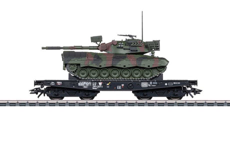 Type Rlmmps 650 Heavy-Duty Flatcar w/Leopard Tank Load - 3-Rail - Ready to Run -- German Federal Railroad DB (Era IV, black)