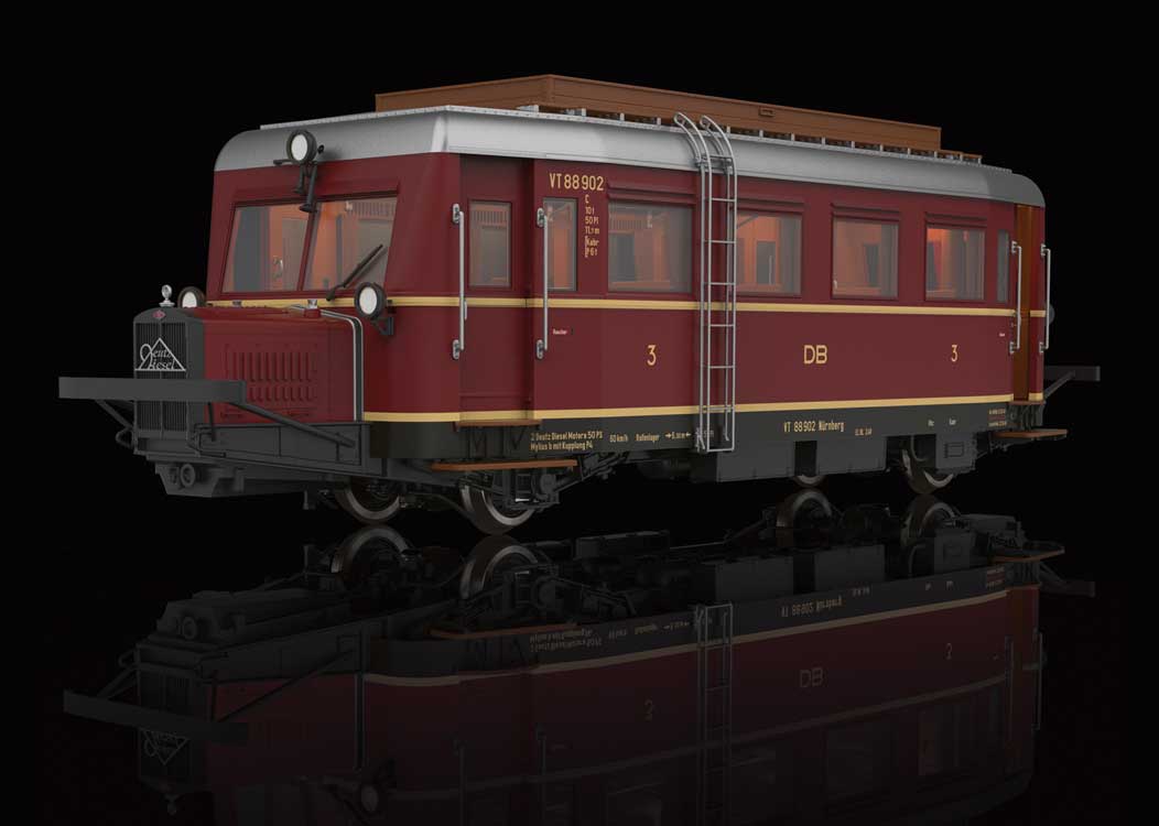 Class Cvt-34 Wismar Rail Bus - Sound and Digital -- German Federal Railroad DB #VT 88 902 (Era III 1950, red, silver)-3