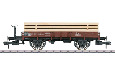 Low-Side Gondola with Lumber Load - Ready to Run -- German State Railroad Company DR #47238 (Era II, Boxcar Red)-2