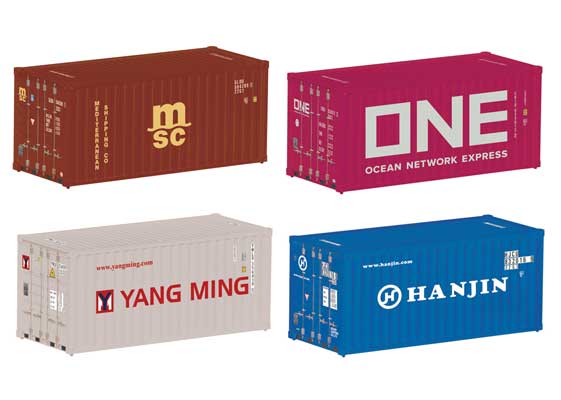 20' Container 4-Pack - Ready to Run -- Era VI 1 Each: MSC, Ocean Network Express ONE, Yang Ming, Hanjin