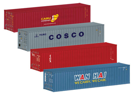 40-Foot Container 4-Pack -- 1 Each: CARU (red), COSCO (gray), TEX (red), Wan Hai (blue)