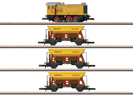 Diesel Work Train-Only Set - Standard DC -- Railbouw Leerdam V 36 Diesel, 3 Side Dump Cars (Era IV, yellow)
