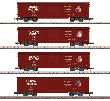 Boxcar 4-Pack - Ready to Run -- Union Pacific (1960s, Boxcar Red, Medium Shield, Ship & Travel Slogan)