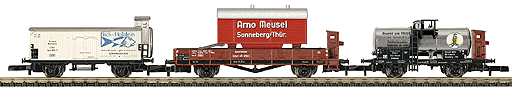3-Car Freight Set -- DB: Reefer Cr Fisch Hollstein, Stake Cr w/Trlr Arno Meusel & Tank Cr Brauere