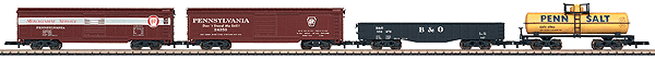 4-Car Freight Set -- 2 Boxcars (PRR), 1 Gondola (B&O) & 1 Tank Car (Penn Salt GATX)