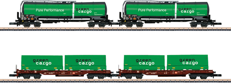 Green Cargo Zacns Tank Car and Sdgkms 707 Container Flatcar Set - Ready to Run -- Ermewa and DB Schenker (Era VI, Green Cargo Schemes)