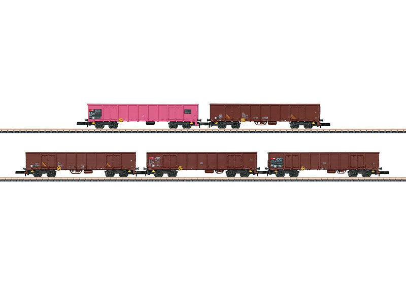 Type Eanos Gondola 5-Pack & Sugar Beet Loader Laser-Cut Kit - Ready to Run -- Swiss Federal Railways SBB (Era VI, 4 Boxcar Red, 1 pink)