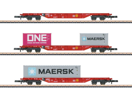 Type Sgns 691 Four-Axle Container Flatcar with Load 3-Pack - Ready to Run -- German Railroad DB AG (Era VI, red, 2 20' & 1 40' Containers)