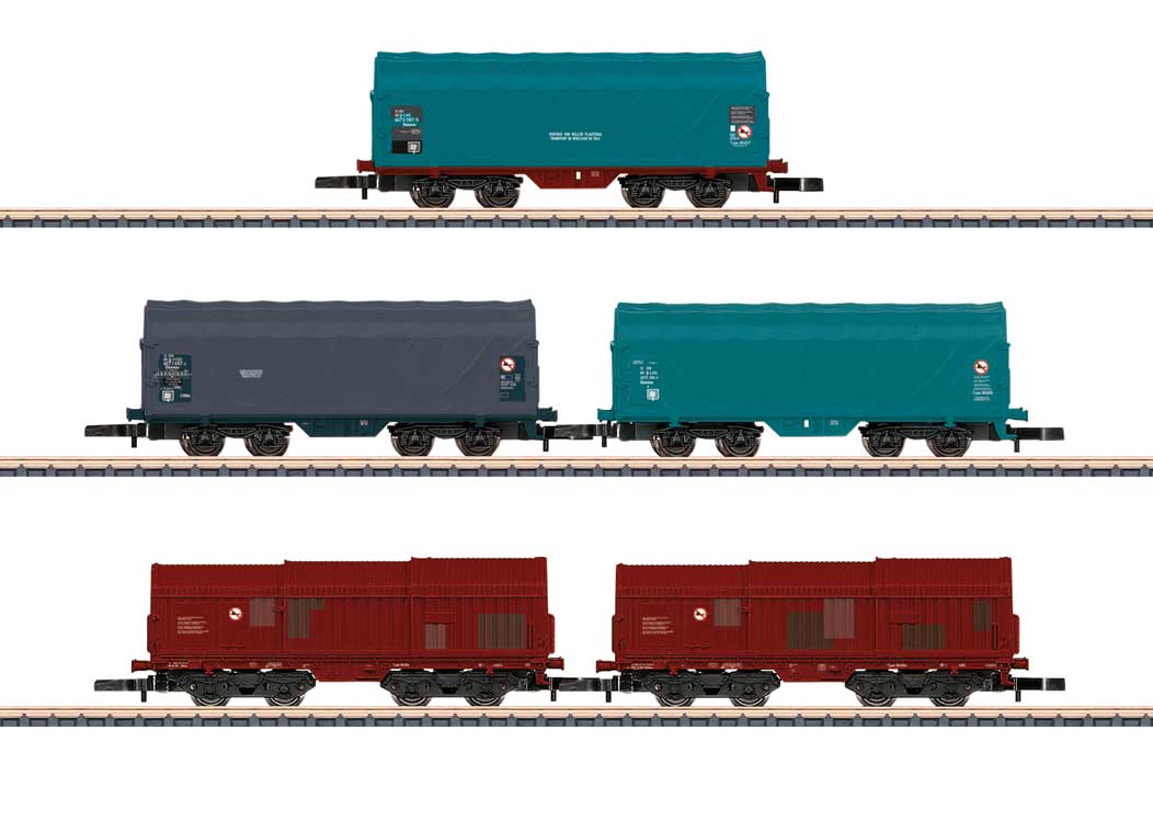 3 Shimmns Sliding Tarp & 2 Shimms Telescoping Car Set - Ready to Run -- Belgian State Railways SNCB (Era VI, various schemes)