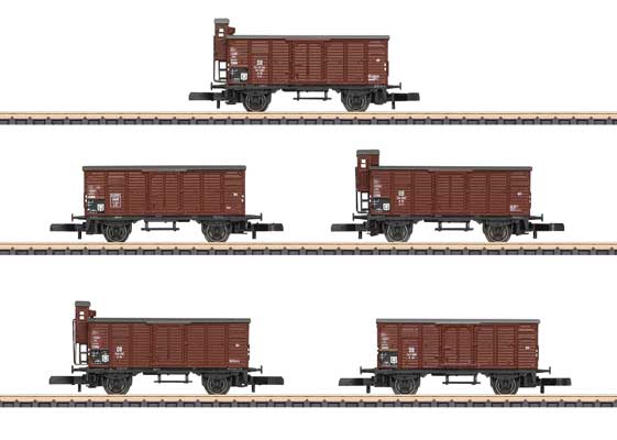 Type G10 Boxcar 5-Pack - Ready to Run -- 3 German Federal Railroad DB, 1 DR, 1 Saarland (Era III, Boxcar Red)-1