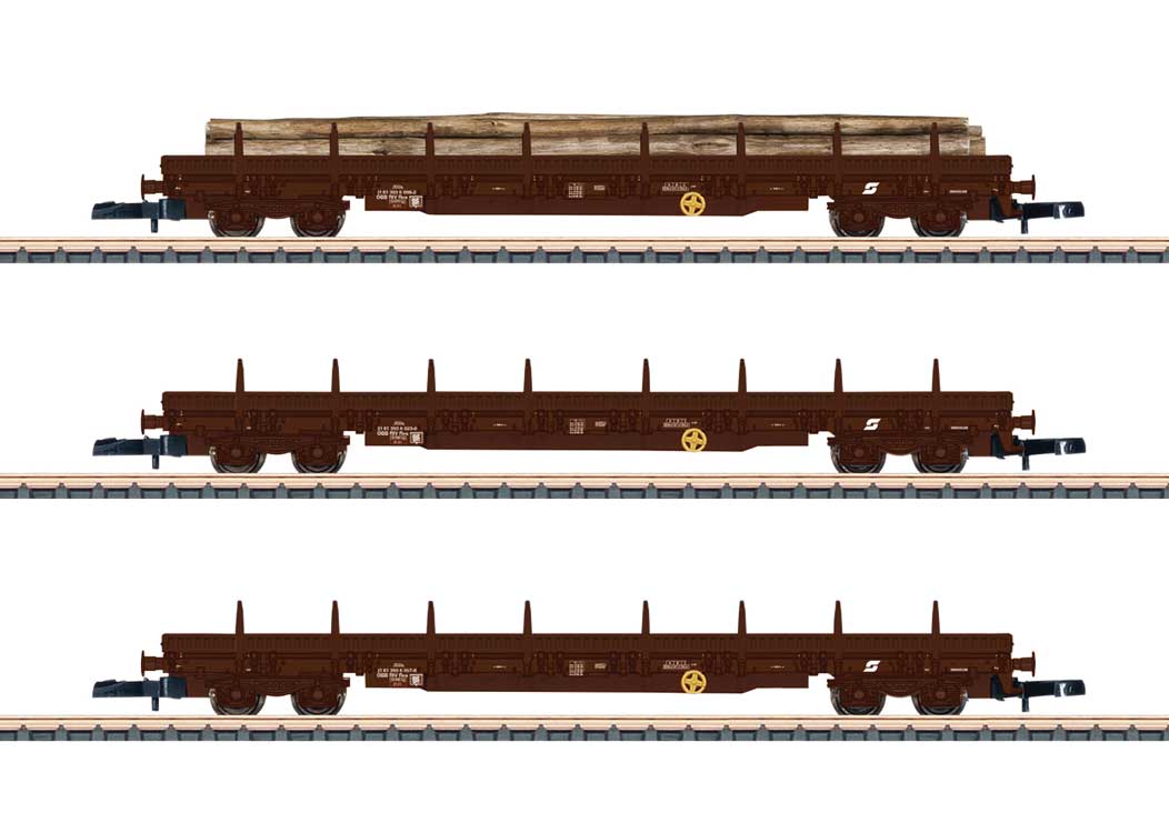 Type Res 3936 Stake Flatcar 3-Pack - Ready to Run -- Austrian Federal Railways OBB (Era IV, Boxcar Red)