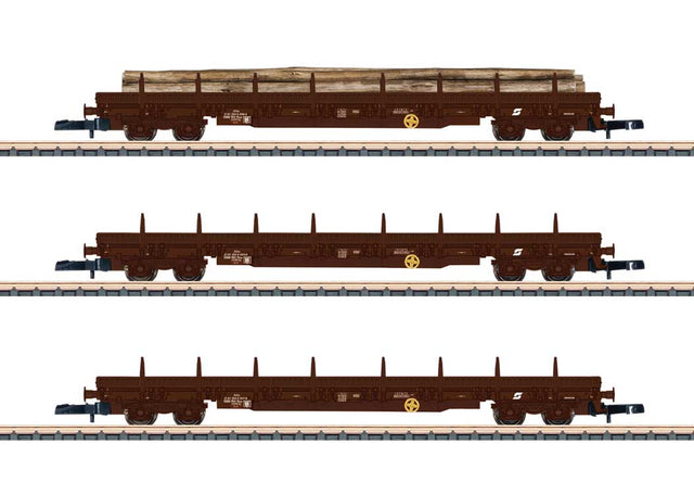Type Res 3936 Stake Flatcar 3-Pack - Ready to Run -- Austrian Federal Railways OBB (Era IV, Boxcar Red)