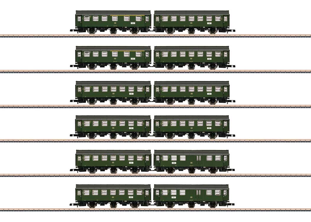 Rebuild Car 6-Pair Set - Ready to Run -- German Federal Railroad DB (Era IV, green, gray)-1