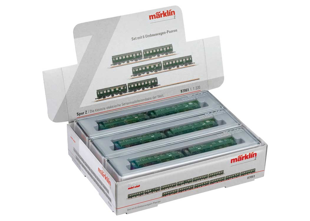 Rebuild Car 6-Pair Set - Ready to Run -- German Federal Railroad DB (Era IV, green, gray)-2