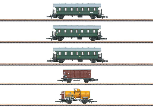 Mixed Train w/G-04 Boxcar, Zd Tank Car & 3 Type Bi341 Coach - Ready to Run -- "Rugen Sunbathers" - German Federal Railroad (Era III)