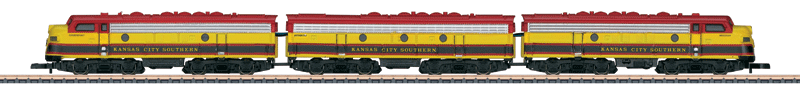 EMD F7 A-B-A Set - Standard DC -- Kansas City Southern (Southern Belle, yellow, red, black)