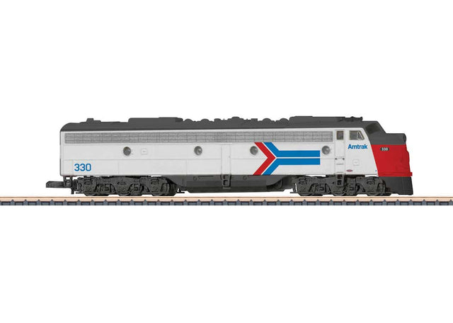 EMD E8A - Standard DC -- Amtrak #330 (Phase I, silver, red, blue, black)
