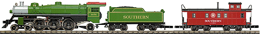 Steam Pacific Loco Powered w/Tender & Caboose -- Southern (green loco & tender, red caboose)