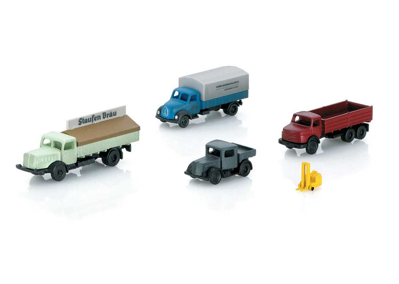 European Truck Set - Assembled -- 2 Covered Low-Side Trucks, Dump Truck, Pickup Truck and Small Forklift