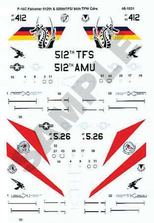 Military Aircraft Decal Set -- SU Air Force F-16C Falcons, 512th TRS & 526th TRS/ 86th TFW