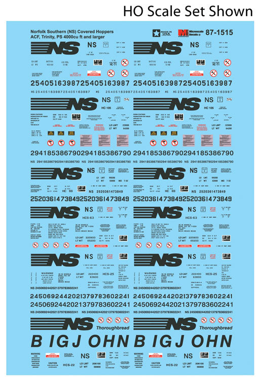 Railroad Decal Set -- Norfolk Southern ACF, Trinity, PS 4000cu ft & Larger Covered Hoppers