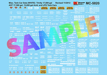 Railroad Decal Set -- Acid & LPG Tank Car Data Trinity 17,600, ACF 17,360, 13,000-Gallon (white)